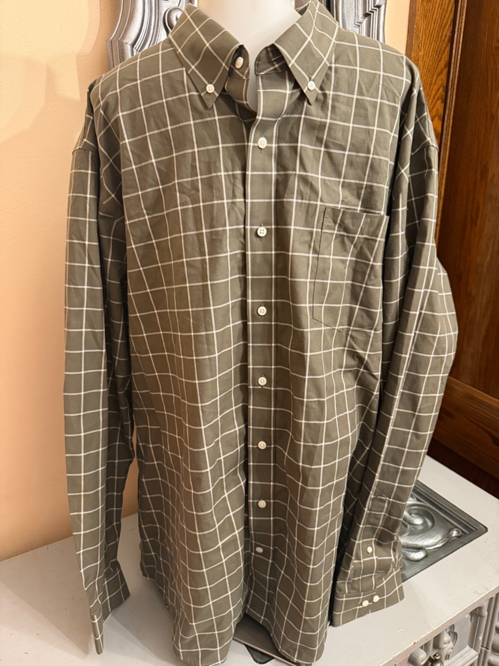 Lands' End Olive Windowpane Button-Down Shirt